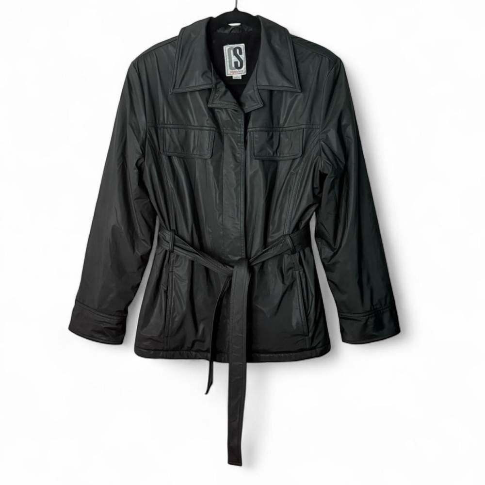 Vintage CS Signature Black Belted Button Down Trench Coat Water Resistant Jacket